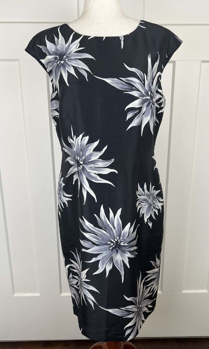 Vintage Spenser Jeremy Silk Dress 10 Navy Blue Floral Sheath 100% Silk Midi